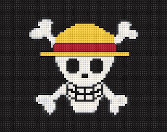 May include: A white skull with a straw hat, red band, and crossbones. The skull has a toothy grin and black eyes. The background is black.