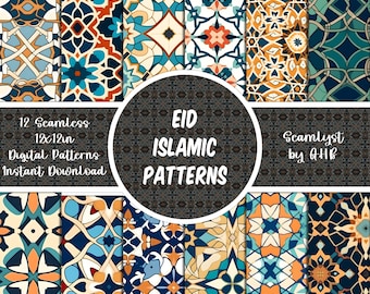 Puede incluir: Una colección de 12 patrones digitales sin costuras con intrincados motivos geométricos y florales de inspiración islámica en tonos azul, naranja, crema y verde azulado oscuro. El texto dice 12 Seamless 12x12in Digital Patterns EID ISLAMIC PATTERNS.