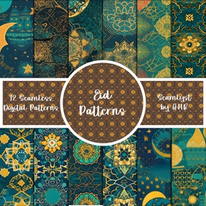 May include: A collection of 12 seamless digital patterns featuring intricate mandala designs, geometric shapes, and celestial motifs in shades of teal, deep blue, and gold. The central circular graphic displays the text Eid Patterns.