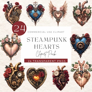 May include: A collection of steampunk heart clipart images. Each heart features intricate mechanical details, gears, pipes, and floral accents. The color palette includes bronze, copper, and rose gold tones, with pops of red and blue. The text reads "Steampunk Hearts Clipart Pack".