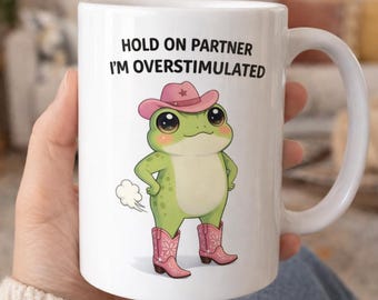 Overstimulated Cowgirl Frog Mug, Funny Farting Froggy Art, Quirky Ceramic Cup