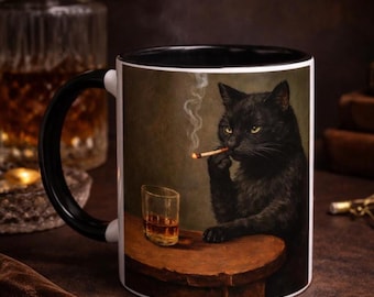 Grumpy Black Cat Mug | Smoker Whiskey Drinker Ceramic Coffee Cup