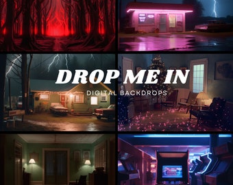 25 Sci-Fi 80s Digital Backdrops | AI Photography Backgrounds (PNG)