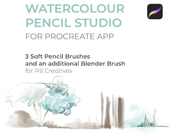 Op de afbeelding: Watercolor Pencil Studio voor de Procreate-app. Een set digitale kwasten om aquarelpotlood-effecten te creëren. De afbeelding toont een landschapsscène met een boom, gras en een hek dat met de kwasten is getekend.