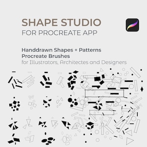Könnte beinhalten: Schwarz-weiße handgezeichnete Formen und Muster für die Procreate-App. Das Bild zeigt eine Vielzahl von Formen, darunter Kreise, Quadrate, Dreiecke und Rechtecke. Die Formen sind in einem zufälligen Muster angeordnet. Der Text "SHAPE STUDIO FOR PROCREATE APP" befindet sich oben im Bild. Der Text "Handdrawn Shapes + Patterns Procreate Brushes for Illustrators, Architects and Designers" befindet sich unter dem Titel.
