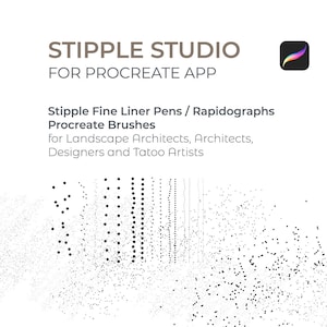 May include: A digital illustration of a set of stipple brushes for the Procreate app. The brushes are designed for landscape architects, architects, designers, and tattoo artists. The image shows a variety of stipple brush strokes in black on a white background.