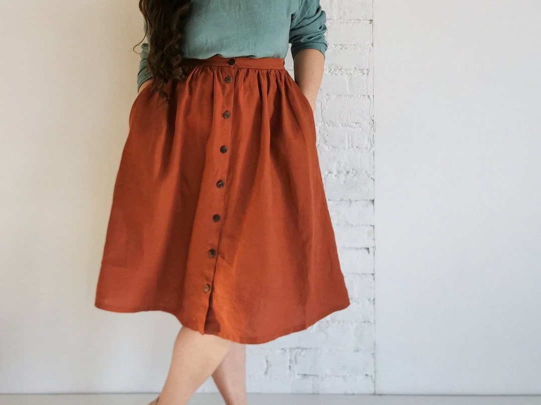 A-line Button-down High-waisted Linen Midi Skirt for Women, Elasticated