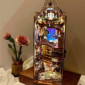 DIY 3D Wooden Puzzle Book Nook Kit – Miniature Bookshelf Insert with LED, Creative Home Decor, Gift for Teens & Adults - Magical Library