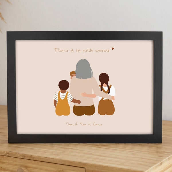 Cadeau Mamie Personnalisé Affiche Mamie et Petits Enfants Illustration Grands Parents Cadeau Fête des Grands Mères