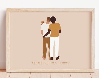 Affiche Couple et Bébé Cadeau de Naissance Dessin Portrait de Famille minimaliste Illustration Familiale - Fichier Numérique ou Impression