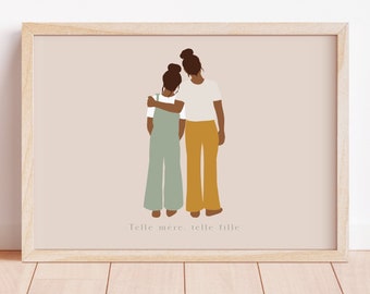 Affiche Mère Fille Portrait de famille personnalisé Illustration Maman et Ado Cadeau Fête des Mères