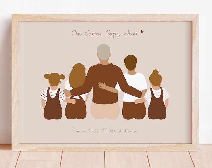 Custom Grandpa and kids Poster Portrait Personalized Family Illustration Drawing Grandparents Day