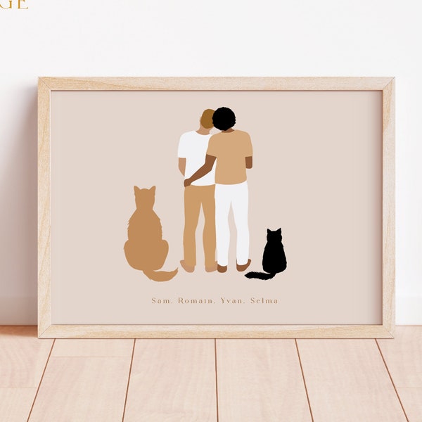 Affiche Couple avec animaux Illustration Personnalisée Cadeau Original pour homme