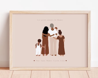 Cadeau Mamie Personnalisé Portrait de Famille Illustration Cadeau Fête des Grand-Mères