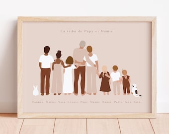 Portrait de Famille avec animaux de compagnie personnalisée Affiche Famille et enfants Portrait couple chats et chiens