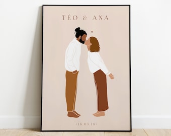 Gepersonaliseerde Paar Cadeau Poster Datum Vergadering Minimalistisch Paar Illustratie Valentijnsdag Cadeau