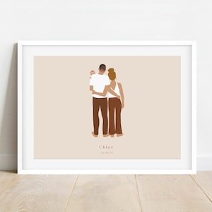 Póster de dibujo de retrato familiar minimalista, pareja y bebé, regalo de nacimiento personalizado, ilustración familiar