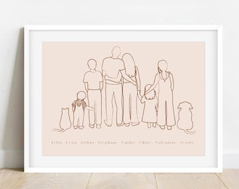Line Art Minimal Portrait Personalized Family Illustration - Custom Couple Poster with pets- Digital Download