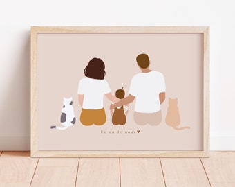 Sitzendes Familienposter, personalisiertes Haustierzeichnungsportrait, Paar mit Kindern, Katzen, Hunden, Kaninchen – digitale Datei