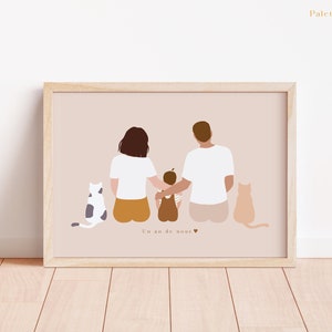 Póster Familiar Sentado Dibujo Mascotas Retrato Personalizado Pareja con Niños Gatos, Perros, Conejos