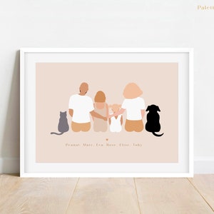 May include: A framed art print featuring a family of four and two pets, a cat and a dog, in a minimalist style. The figures are depicted with solid colors against a beige background. The names "Peanut, Marc, Eva, Rose, Elise, Toby" are printed at the bottom.