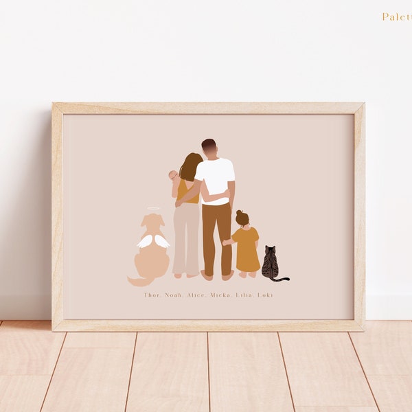 Affiche Familiale personnalisée avec animaux Illustration Portrait de Famille Dessin Couple et enfants chats et chiens