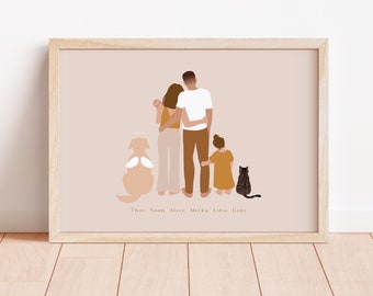 Affiche Familiale personnalisée avec animaux Illustration Portrait de Famille Dessin Couple et enfants chats et chiens