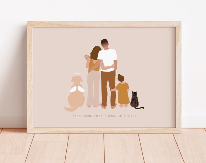 Custom Family Poster with Pets Portrait Personalized Family Illustration with Cats and dogs Drawing Mother's Day Gift