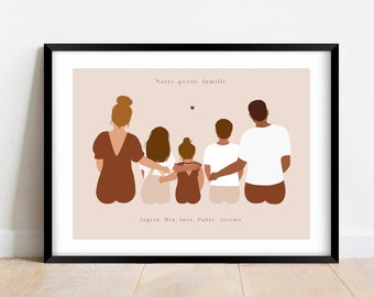 Affiche Famille Assise personnalisée Portrait de Famille Dessin Couple avec enfants Illustration - Fichier Numérique ou Impression