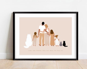 Custom Family Poster with Pets, Personalized Family Poster, Family Illustration with pets