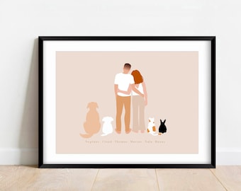 Custom Couple and Pets Portrait Personalized Couple with cats and dogs Poster Minimal