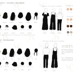 May include: Black and white line art illustrations of children's hairstyles for ages 7-11 and 12-16. The illustrations include different hairstyles for girls and boys. The image also includes color charts for skin tones and hair colors.