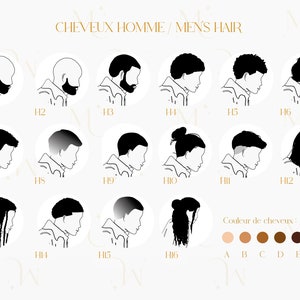 May include: A chart with 16 different hairstyles for men, labeled H1 through H16. The chart also includes a color guide for hair color, labeled A through G.