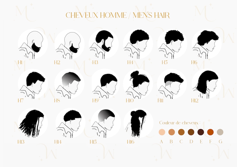 May include: A chart with 16 different hairstyles for men, labeled H1 through H16. The chart also includes a color guide for hair color, labeled A through G.