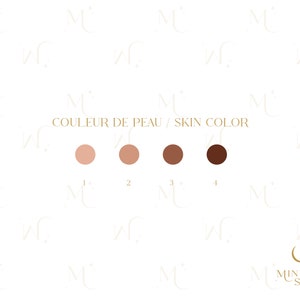 May include: Four skin tone color swatches labeled 1 through 4. The swatches are in shades of light pink, medium pink, light brown, and dark brown. The text "COULEUR DE PEAU / SKIN COLOR" is above the swatches.