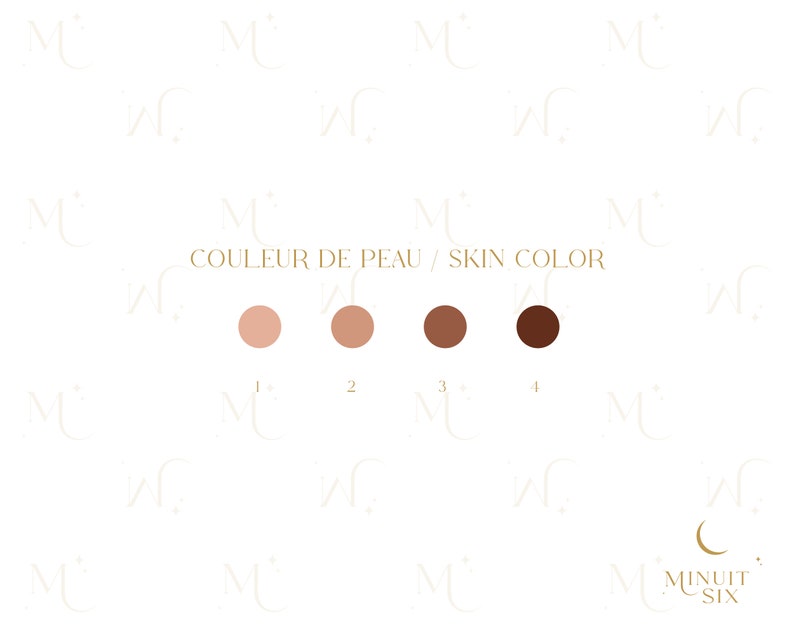 May include: Four skin tone color swatches labeled 1 through 4. The swatches are in shades of light pink, medium pink, light brown, and dark brown. The text "COULEUR DE PEAU / SKIN COLOR" is above the swatches.