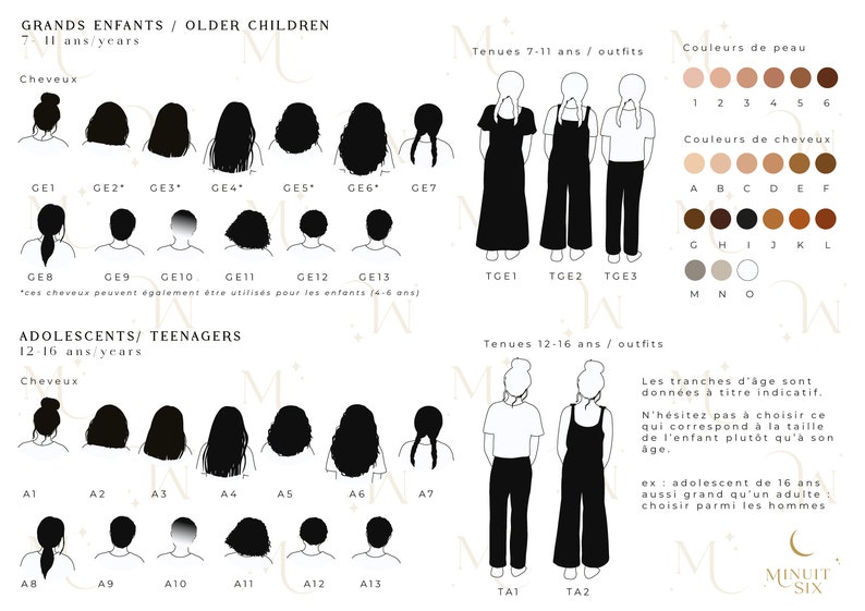 May include: A detailed illustration featuring hairstyle and outfit options for children and teenagers. The image includes various hair styles, skin tones, and outfit choices, with text in French and English. The image is designed to help customize a character.