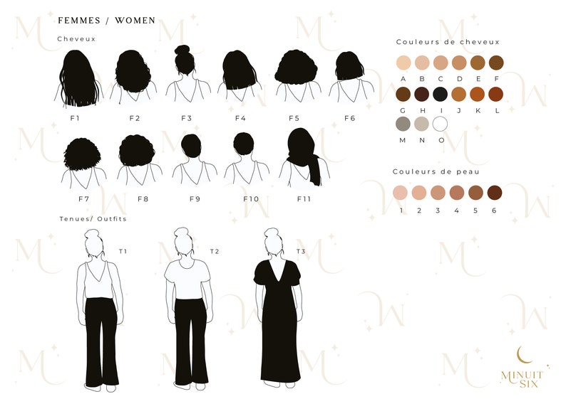 以下が含まれることがあります： 女性向けのさまざまなヘアスタイルと衣装を特徴とするイラスト。画像には髪の色と肌のトーンのオプションが含まれており、F1からF11までのヘアスタイルとT1からT3までの衣装がラベル付けされています。「FEMMES / WOMEN」というテキストが上部にあります。