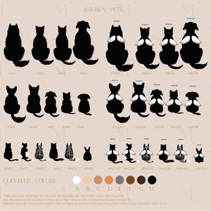 May include: A beige print featuring black silhouettes of various pets, including dogs and cats, some with angel wings. The text "ANIMAUX / PETS" and color options are also displayed.