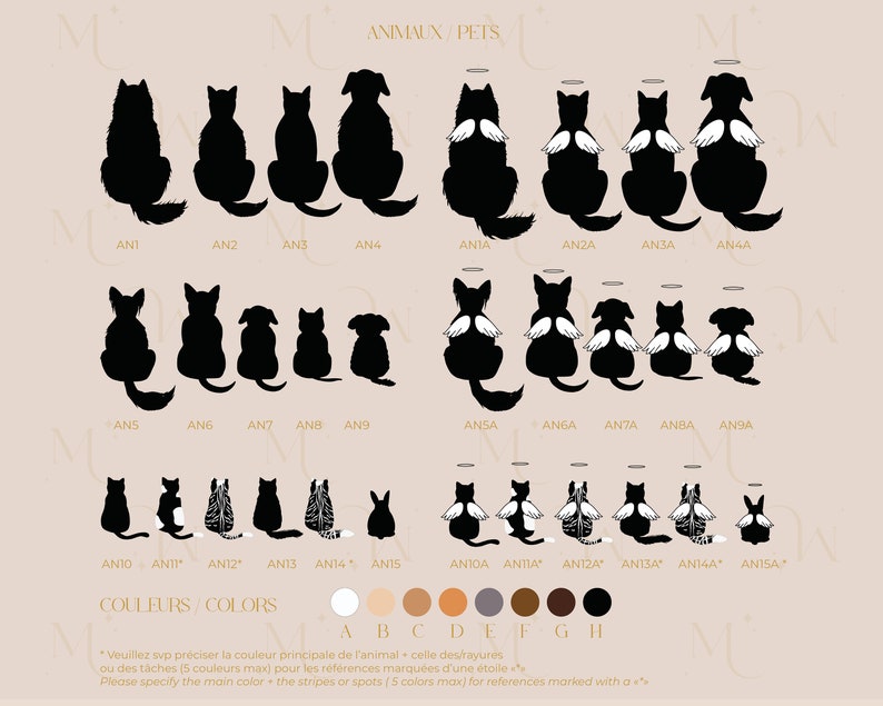 May include: A beige print featuring black silhouettes of various pets, including dogs and cats, some with angel wings. The text "ANIMAUX / PETS" and color options are also displayed.