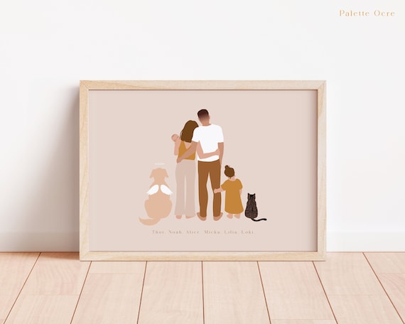 Affiche Familiale personnalisée avec animaux Illustration Portrait de Famille Dessin Couple et enfants chats et chiens