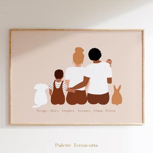 May include: A framed art print featuring a family of five and two pets, rendered in a minimalist style with a terracotta color palette. The family is depicted from the back, with names below. The text "Palette Terracotta" is at the bottom.