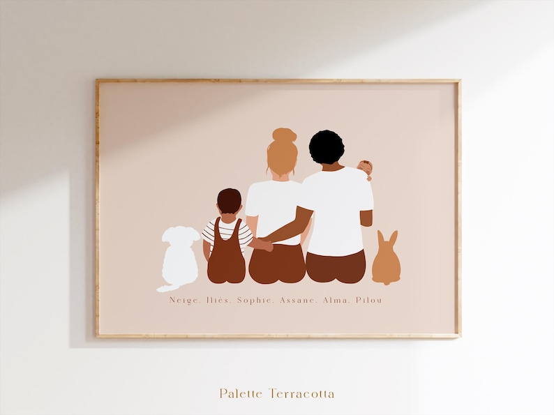 May include: A framed art print featuring a family of five and two pets, rendered in a minimalist style with a terracotta color palette. The family is depicted from the back, with names below. The text "Palette Terracotta" is at the bottom.
