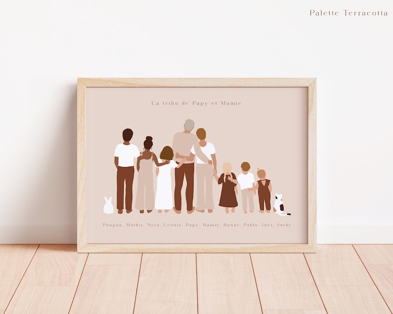 Portrait de Famille avec animaux de compagnie personnalisée Affiche Famille et enfants Portrait couple chats et chiens image 1