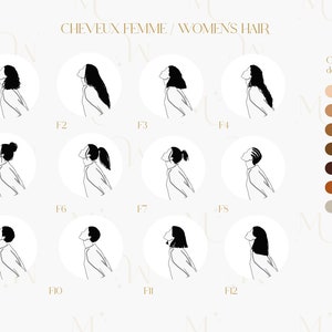 May include: A chart with 12 different line drawings of women's hairstyles. Each hairstyle is labeled with a letter and number, such as F1, F2, F3, etc. The chart also includes a color key with 7 different hair colors labeled A through G.