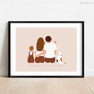 Affiche Famille Assise Dessin animaux de compagnie personnalisée Portrait couple avec enfants chats, chiens, lapins Fichier Numérique image 3