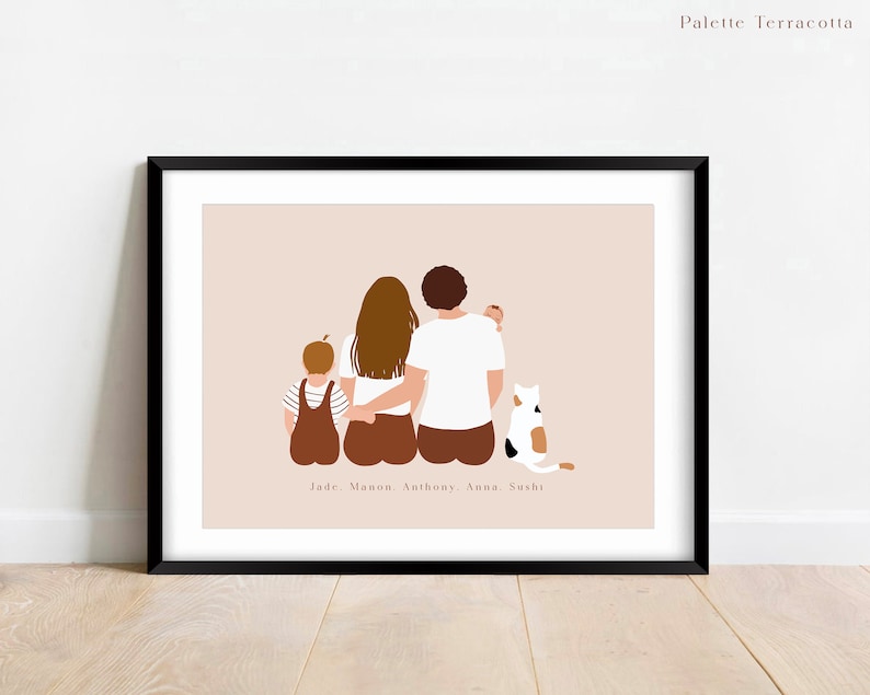 Affiche Famille Assise Dessin animaux de compagnie personnalisée Portrait couple avec enfants chats, chiens, lapins Fichier Numérique image 3