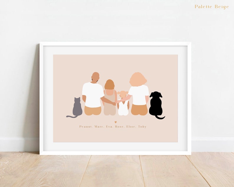 May include: A framed art print featuring a family of four and two pets, a cat and a dog, in a minimalist style. The figures are depicted with solid colors against a beige background. The names "Peanut, Marc, Eva, Rose, Elise, Toby" are printed at the bottom.