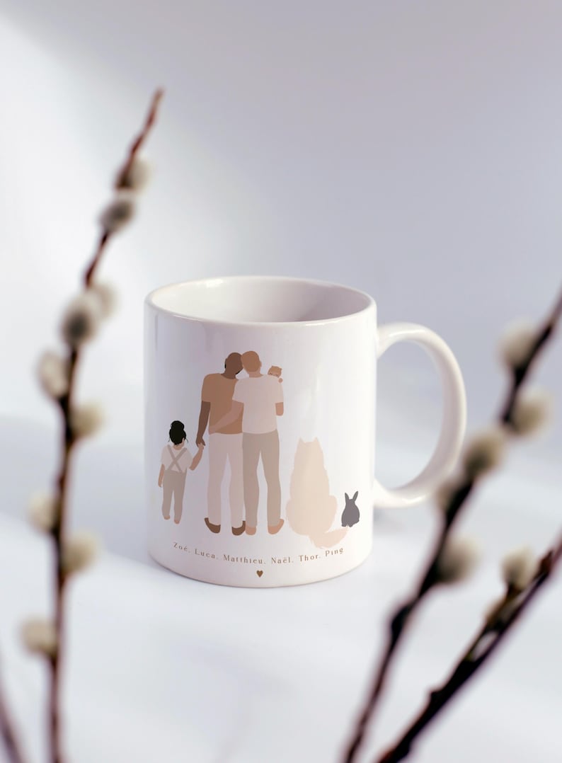 May include: White ceramic mug with a brown illustration of two people holding a child, a dog, and a rabbit. The text "Zoe, Luca, Matthew, Noel, Thor, Pips" is printed below the illustration.