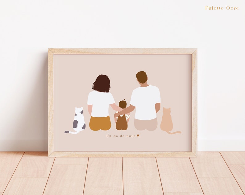 May include: A framed art print featuring a family of three and two cats, all in a minimalist style. The family is depicted from the back, with the text "Un an de nous" at the bottom.